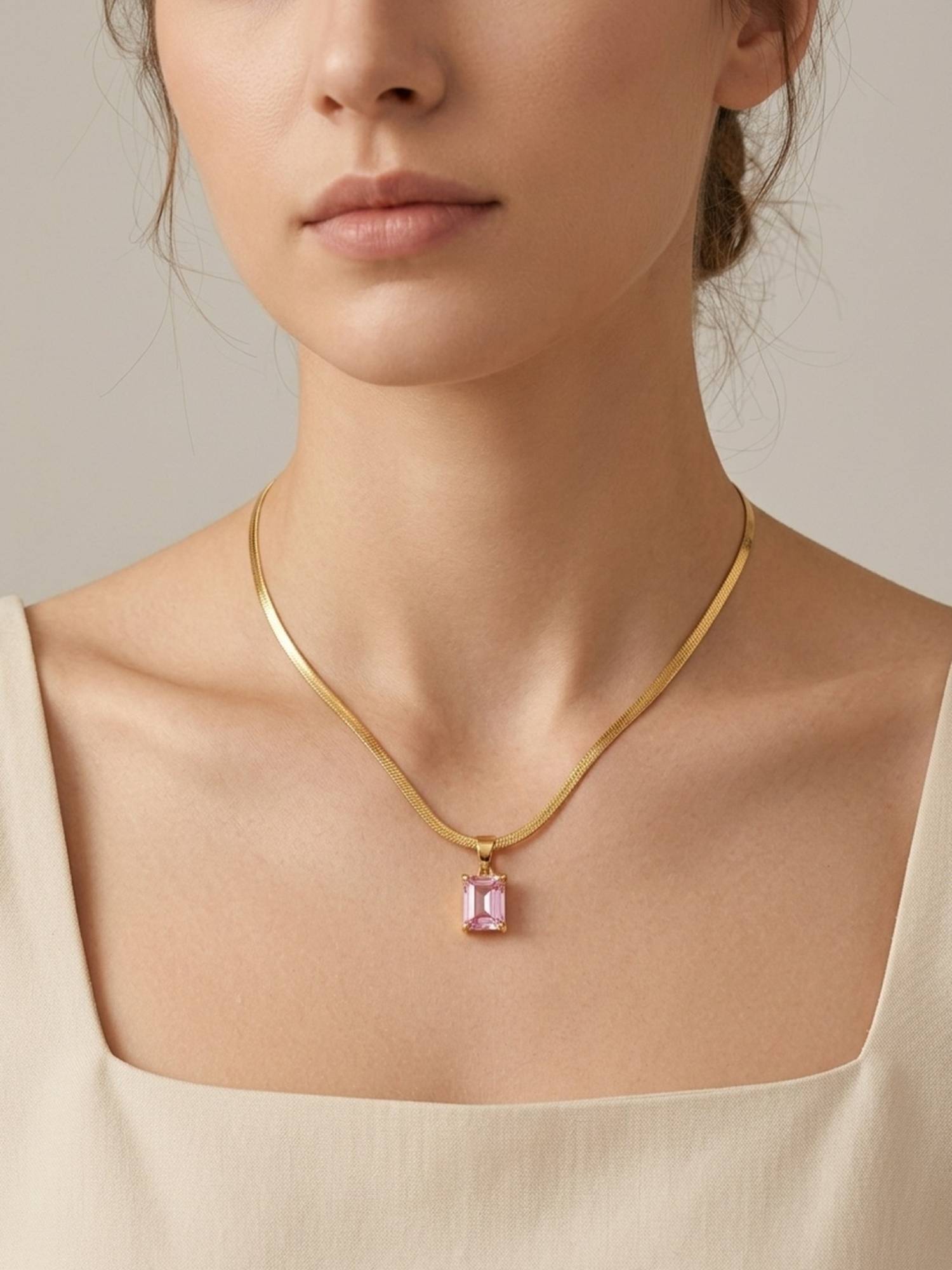 RACHIVA 18K Gold Plated Pink Emerald Cut CZ Four Prong Herringbone Necklace