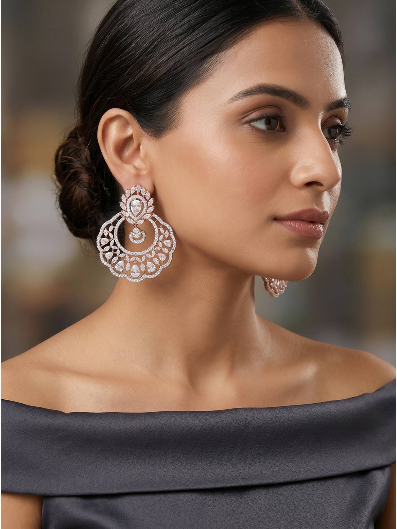 Saraf RS Jewellery Rose Gold Plated White Cubic Zirconia Designer Chandbali Earrings