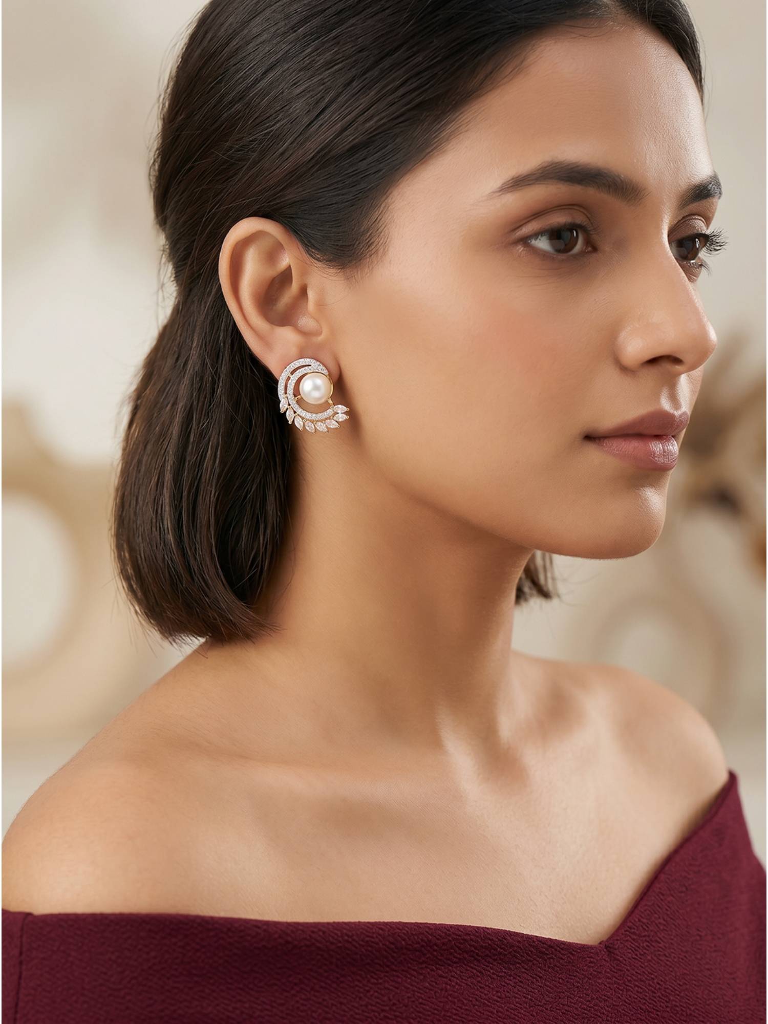 Saraf RS Jewellery Gold Plated Pearl Ad Stone Minimal Studs Earrings