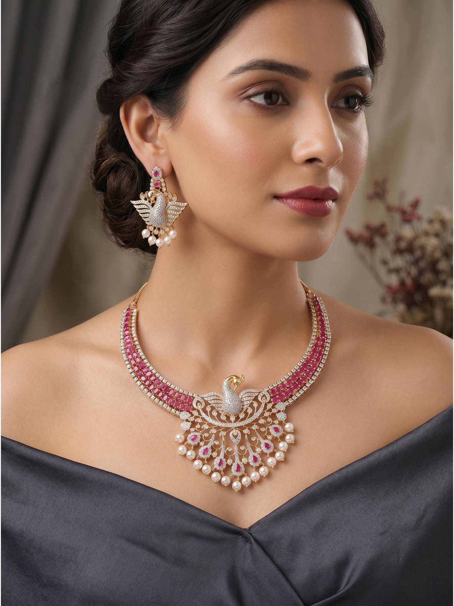 Saraf RS Jewellery 22K Gold Plated Ruby Pink Stone Peacock Pearl Drop Necklace With Earrings