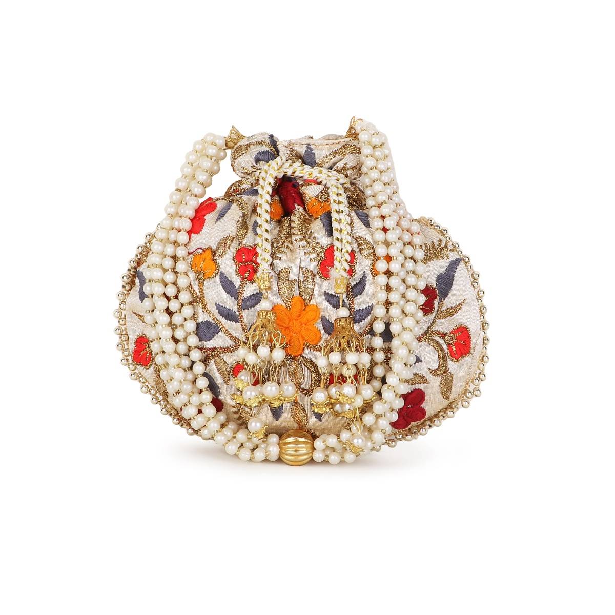 Anekaant Dangle Cream and Multi Floral Embroidered Faux Silk Potli