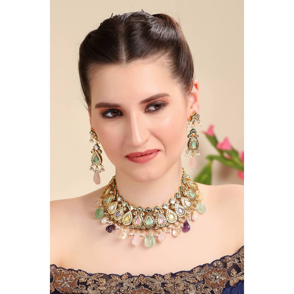 Auraa Trends Multiple Color Pearls 22Kt Gold Plated Necklace Sets