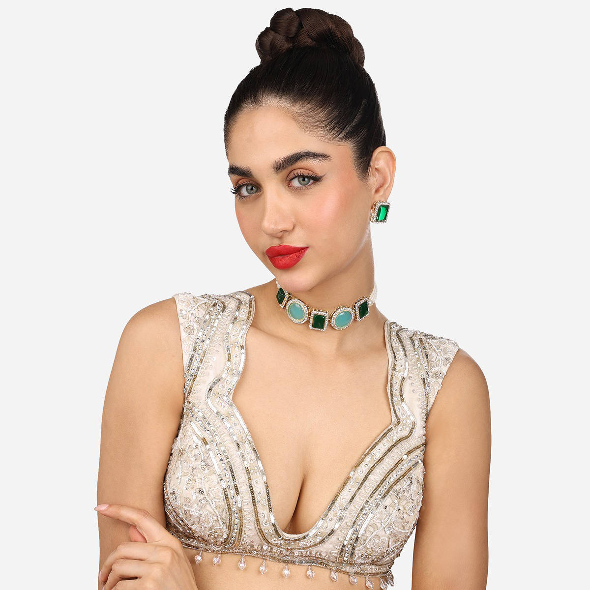 Zaveri Pearls Green Turquoise Blue Multistrand Choker Necklace Earring Set