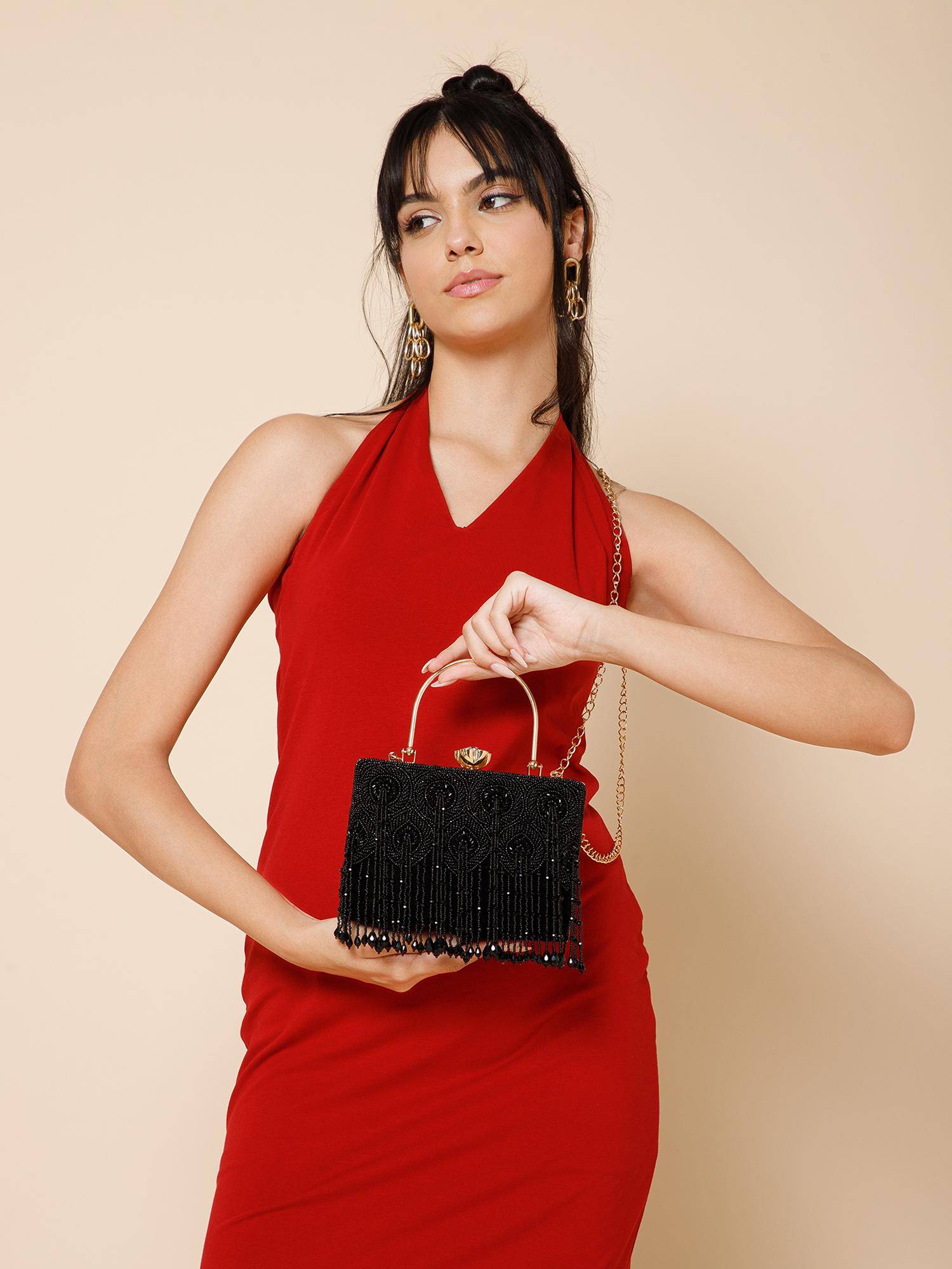 Anekaant Crystal Cascade Black and Gold Beaded Velvet Clutch