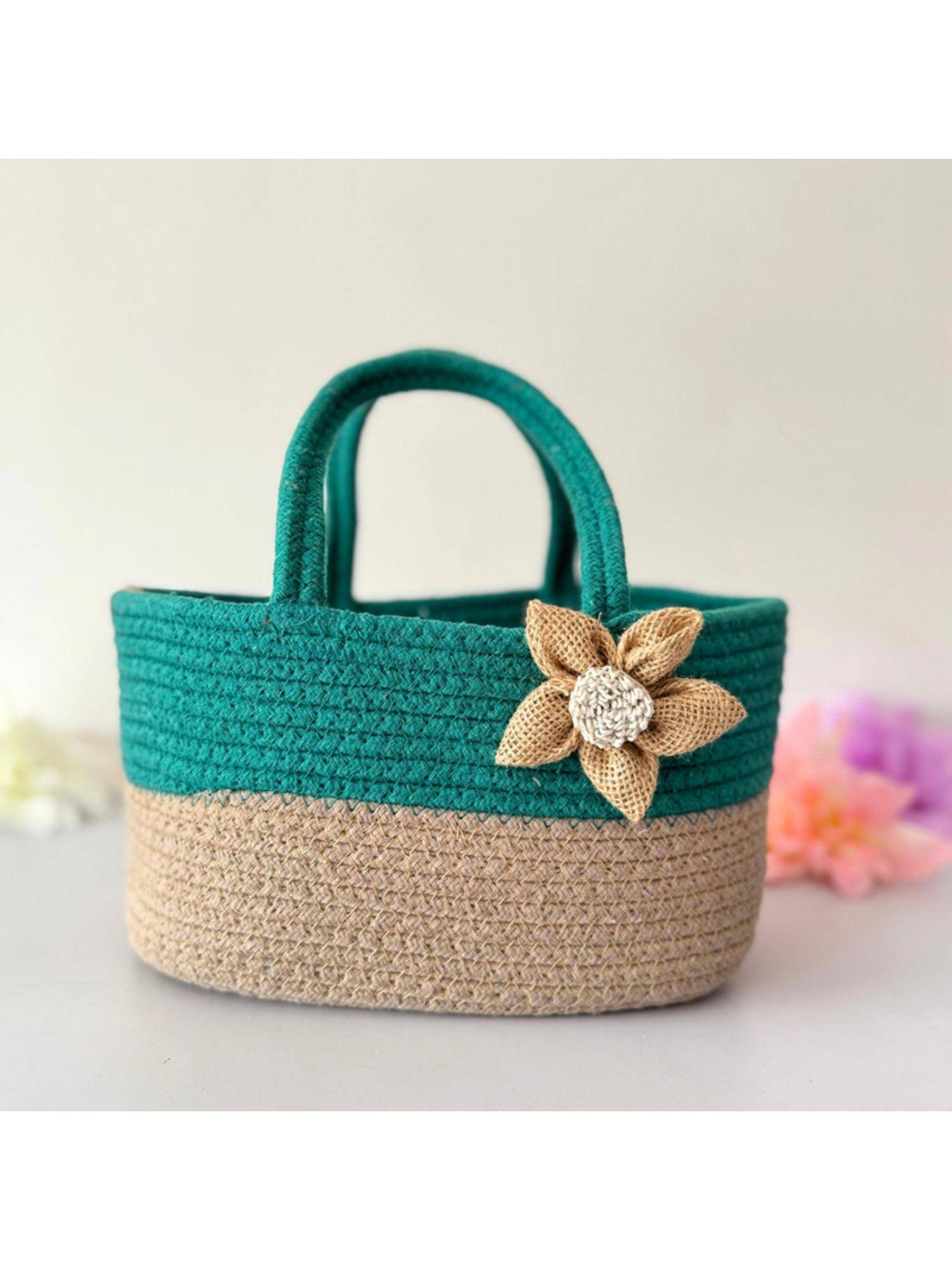 JASMEY HOMES Botanical Bliss Basket Style Handbag With Jute Bow
