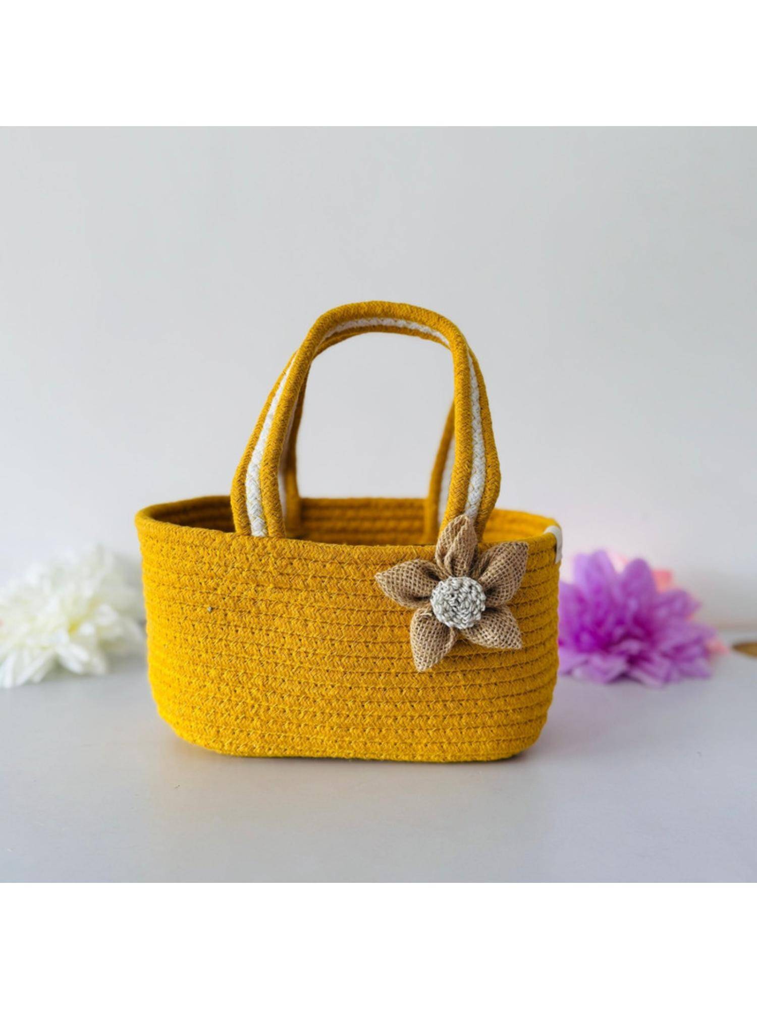 JASMEY HOMES Yellow Room Hamper Basket Style Handbag For Gifting With Jute Bow