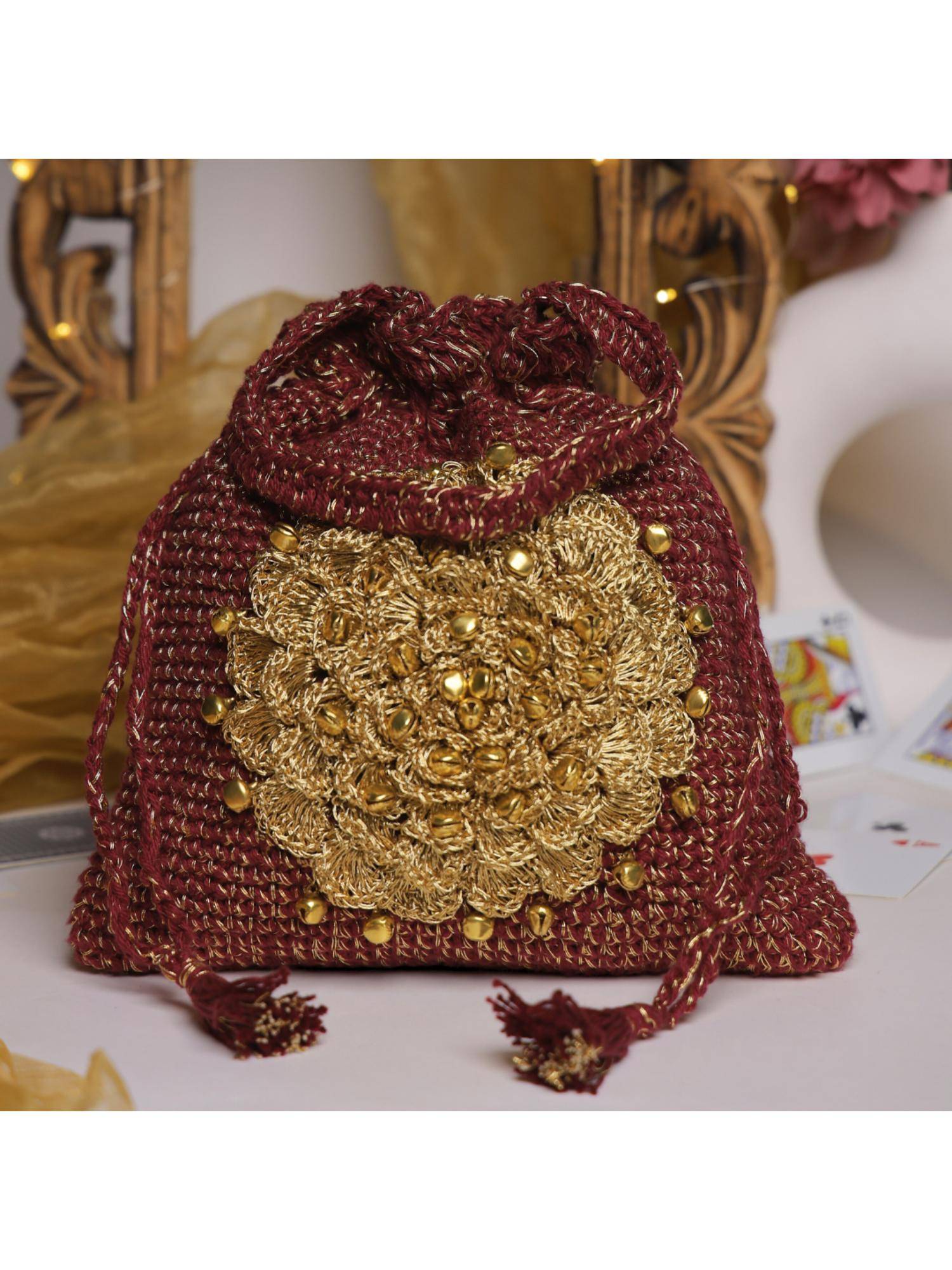 ITIHASIKALA Pearl Blossom Handcrafted Crochet Potli Bag