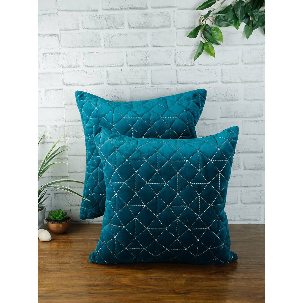 eyda Super Soft Velvet Blue Set Of 2 Quilted Cushion Cover-18X18 Inch