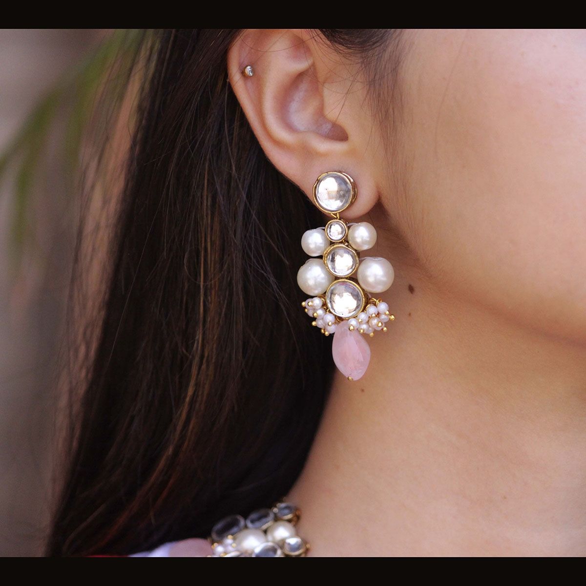 Gold AD baby pink white earrings