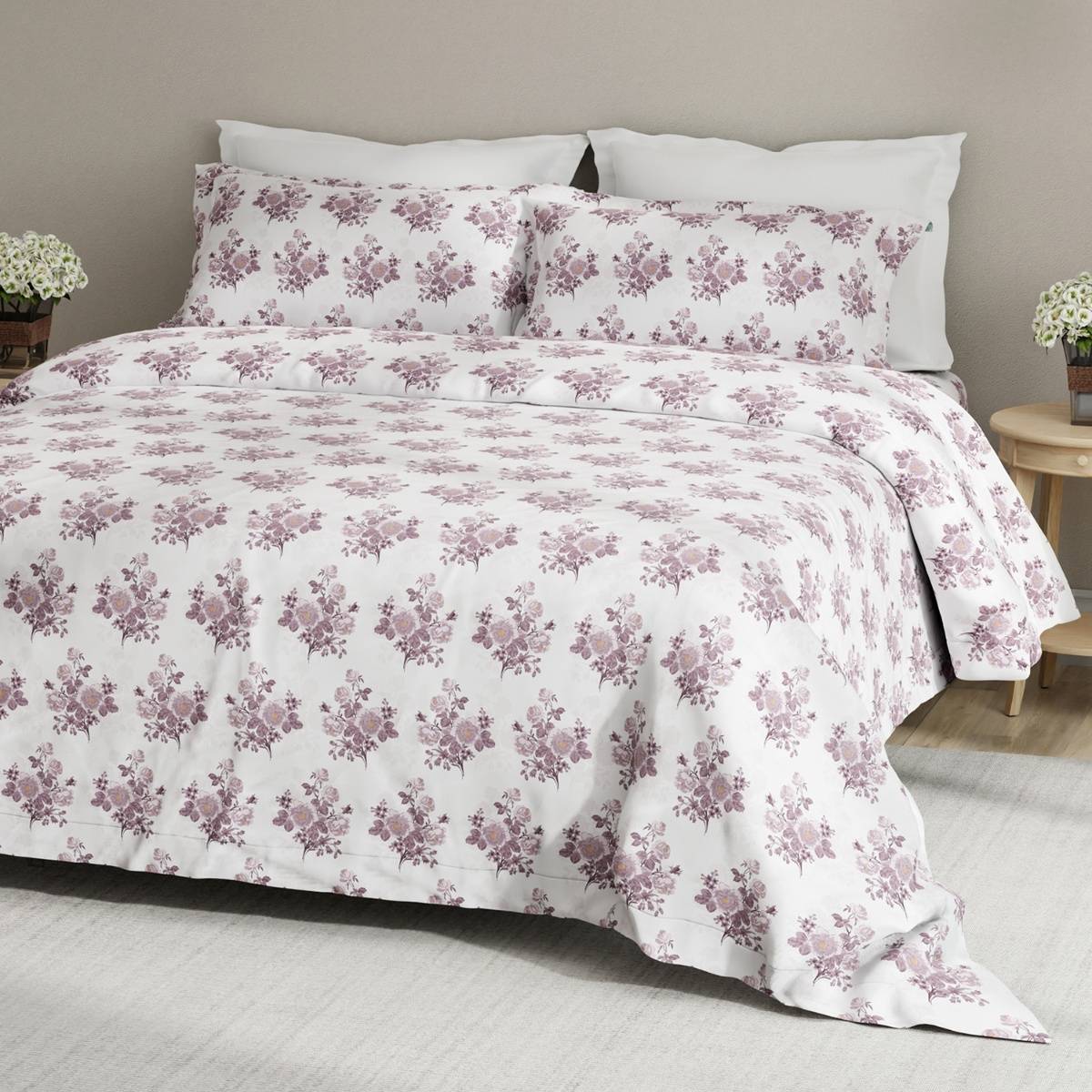 Boutique Living Embrace 100% Cotton 152 Tc Grey Floral King Bedsheet with 2 Pillow Covers
