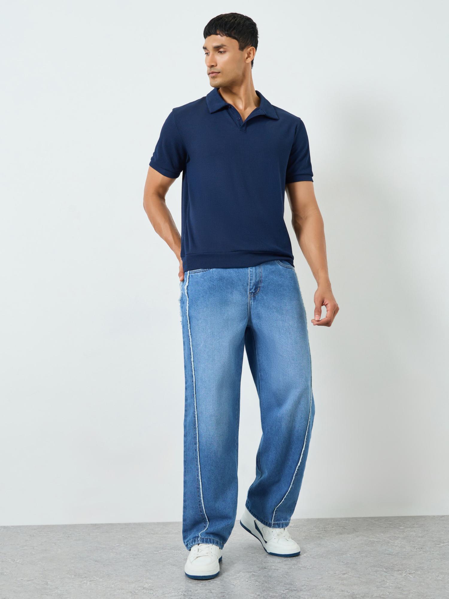Buy Styli Mens Light Blue Medium Washed Oversize Fit Panelled