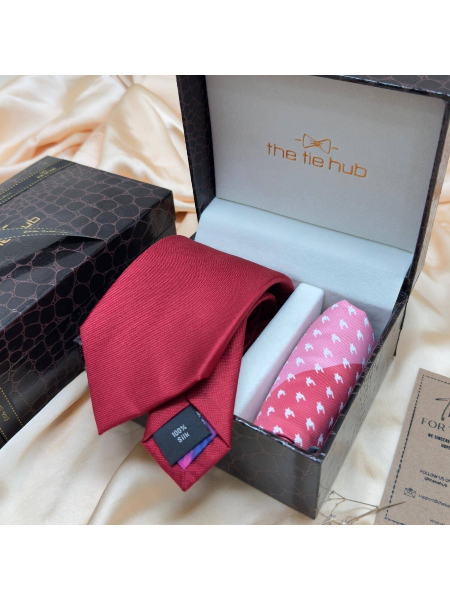 The Tie Hub Red Solid Silk Tie & Multi-Color Microfiber Pocket Square