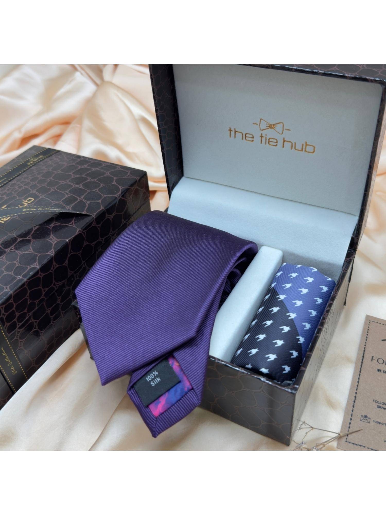 The Tie Hub Purple Solid Silk Tie & Multi-Color Microfiber Pocket Square