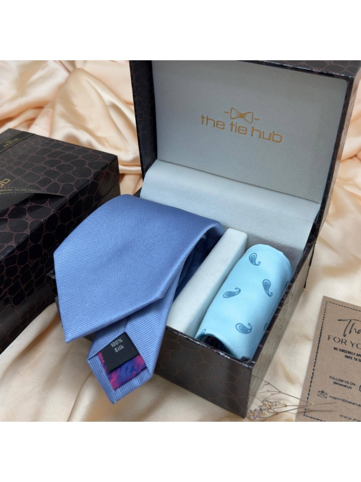The Tie Hub Sky Blue Solid Silk Tie & Paisley Microfiber Pocket Square