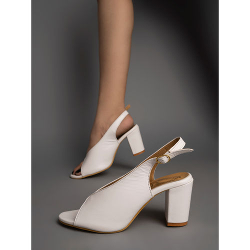 Shoetopia White Block Peep Toes Heels With Buckles (Euro 36)