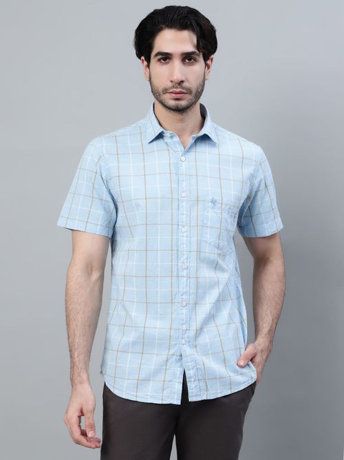 Cantabil Men Sky Blue Checkered Half Sleeve Casual Shirt
