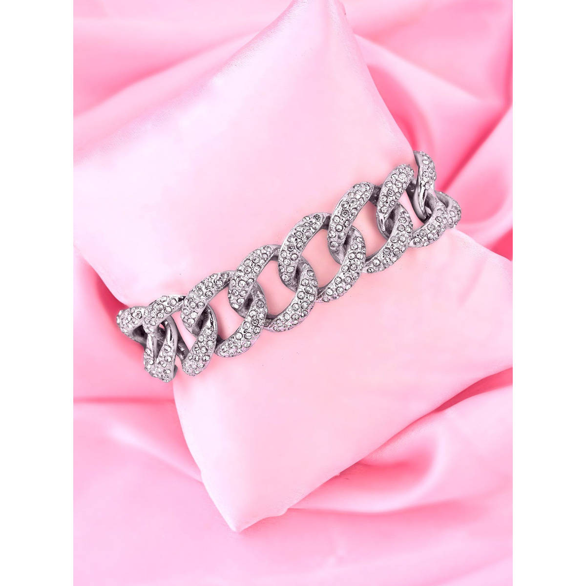Estele Rhodium Plated Stylish Cuban Bracelet with Crystals for Women