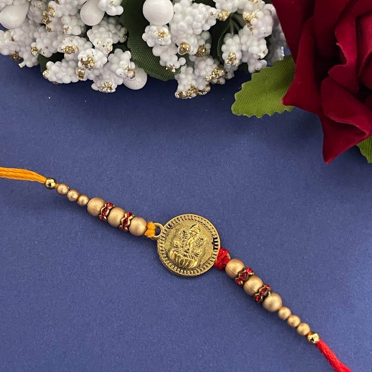 Digital Dress Room Fancy Rakhi Designs Ganesh Ji Cream Color Beads Ed Mauli Thread