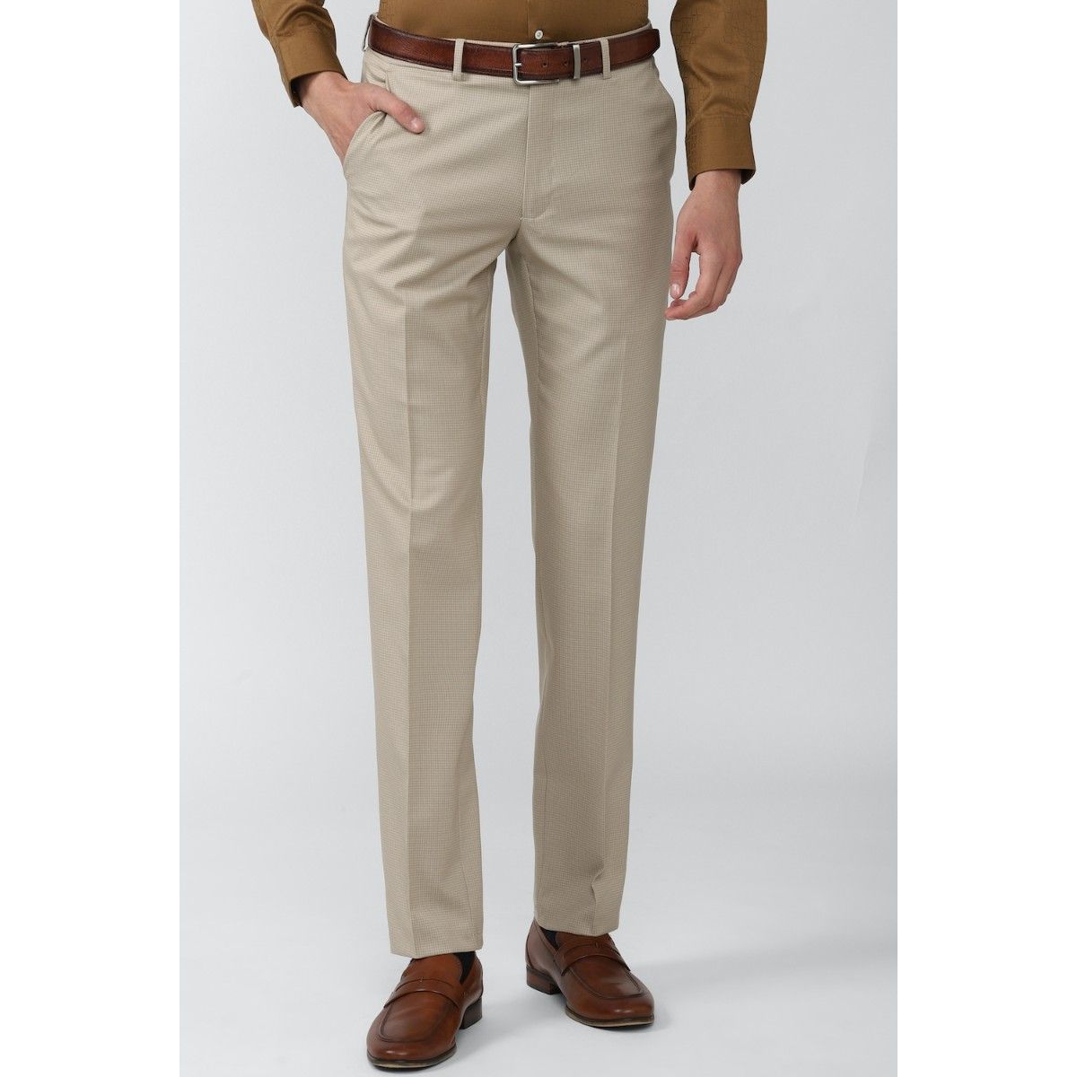 Men Beige Textured Slim Fit Trousers