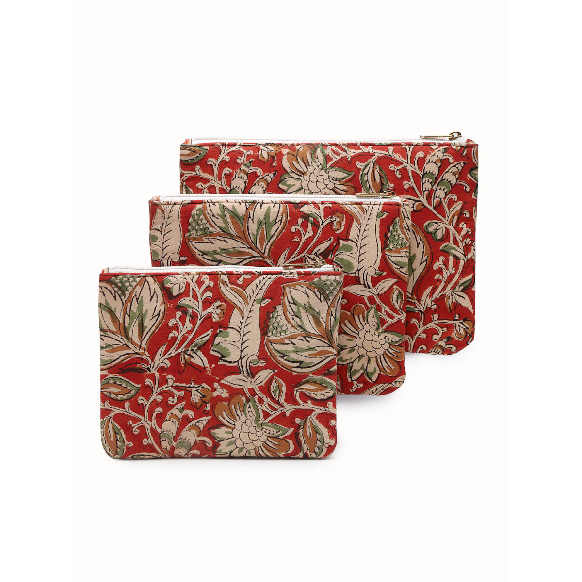 Praccessorii Red Color Floral Printed Pouch Kit (Set of 3)