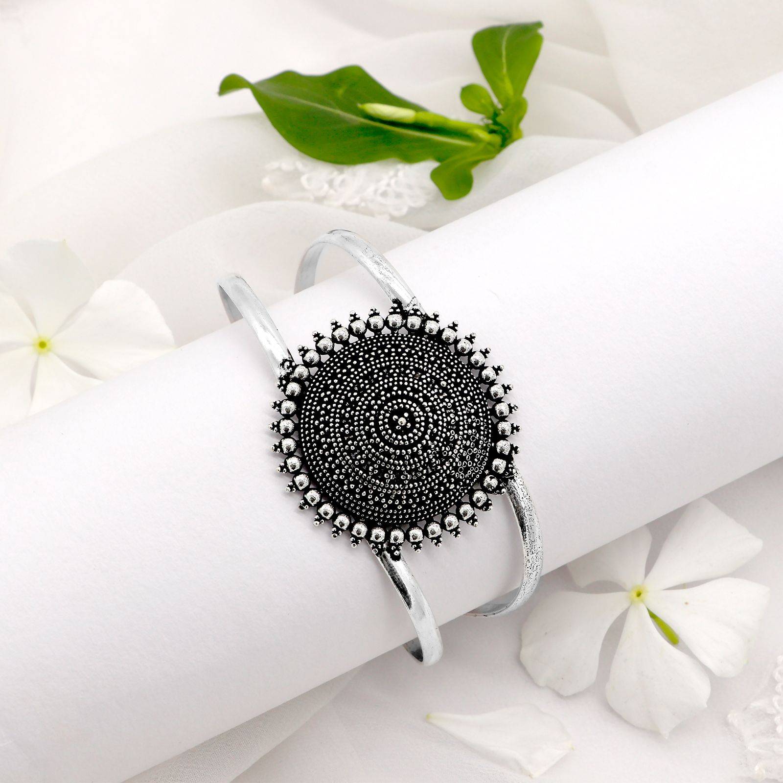 Teejh Kimaya Circular Silver Oxidized Cuff for Women