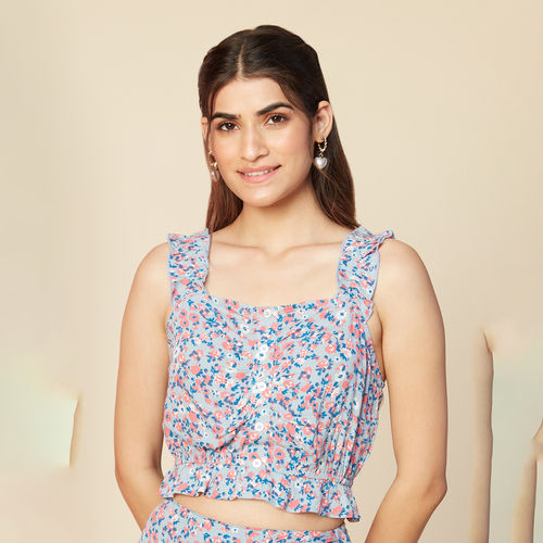 Buy Twenty Dresses by Nykaa Fashion Blue Floral Printed Square Neck Ruffled  Short Top Online