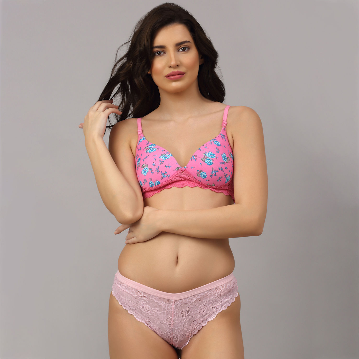 Buy Quttos PrettyCat Padded Lace Tshirt Bra Panty Set Pink at