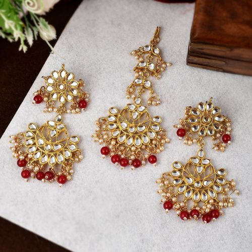 Shoshaa Gold-Plated Handcrafted Red-Kundan Maangtikka With Earrings (Set of  2)