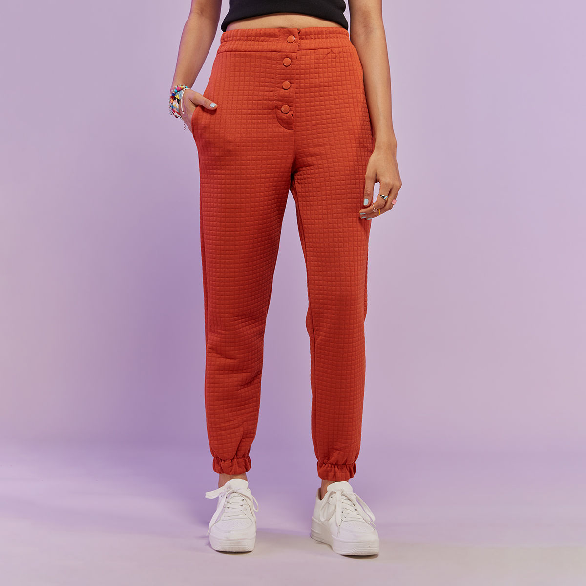 Buy MIXT by Nykaa Fashion Burnt Orange Textured High Waist Joggers