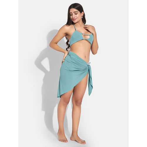 Secrets By ZeroKaata Women Ribbed Halter Beach Wear Bikini Set with Sarong  (XS)