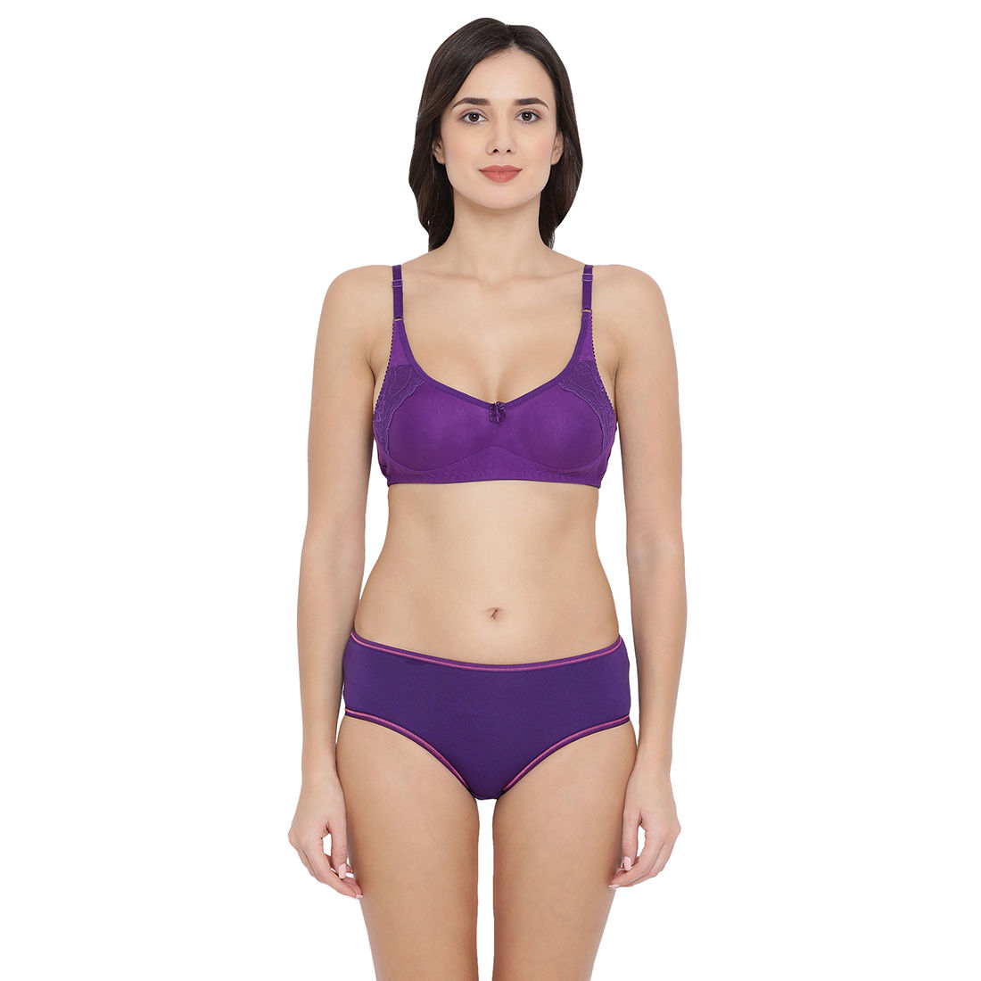 Buy Clovia Cotton Rich Non-Padded Non-Wired T-Shirt Bra & Mid Waist Hipster  Panty - Purple Online