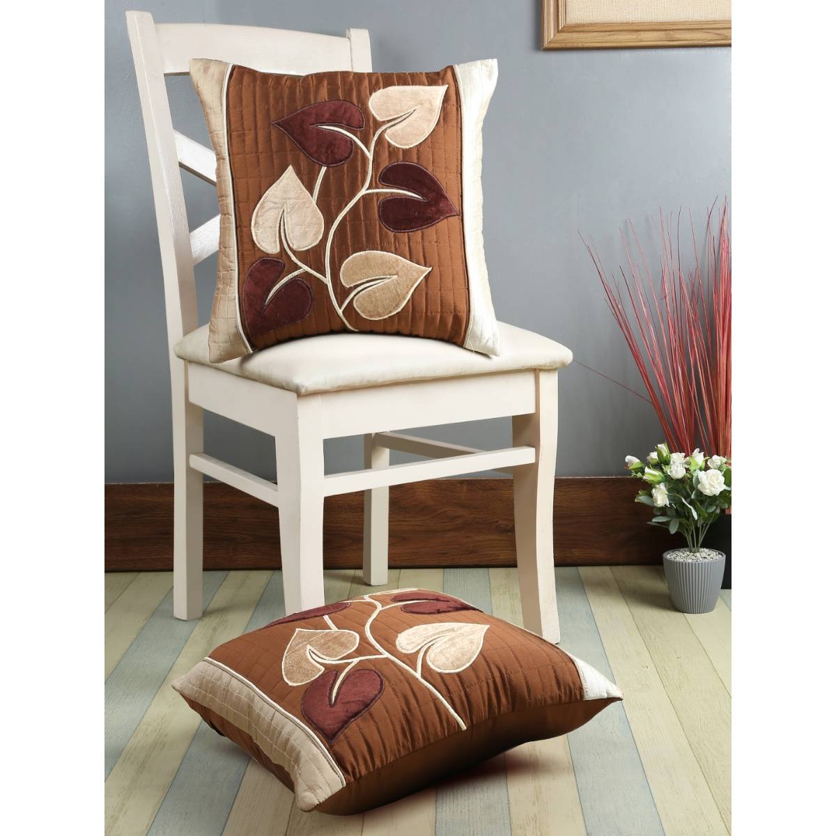 eyda Applique Choco Brown Cushion Cover Set Of 2-16X16 Inch