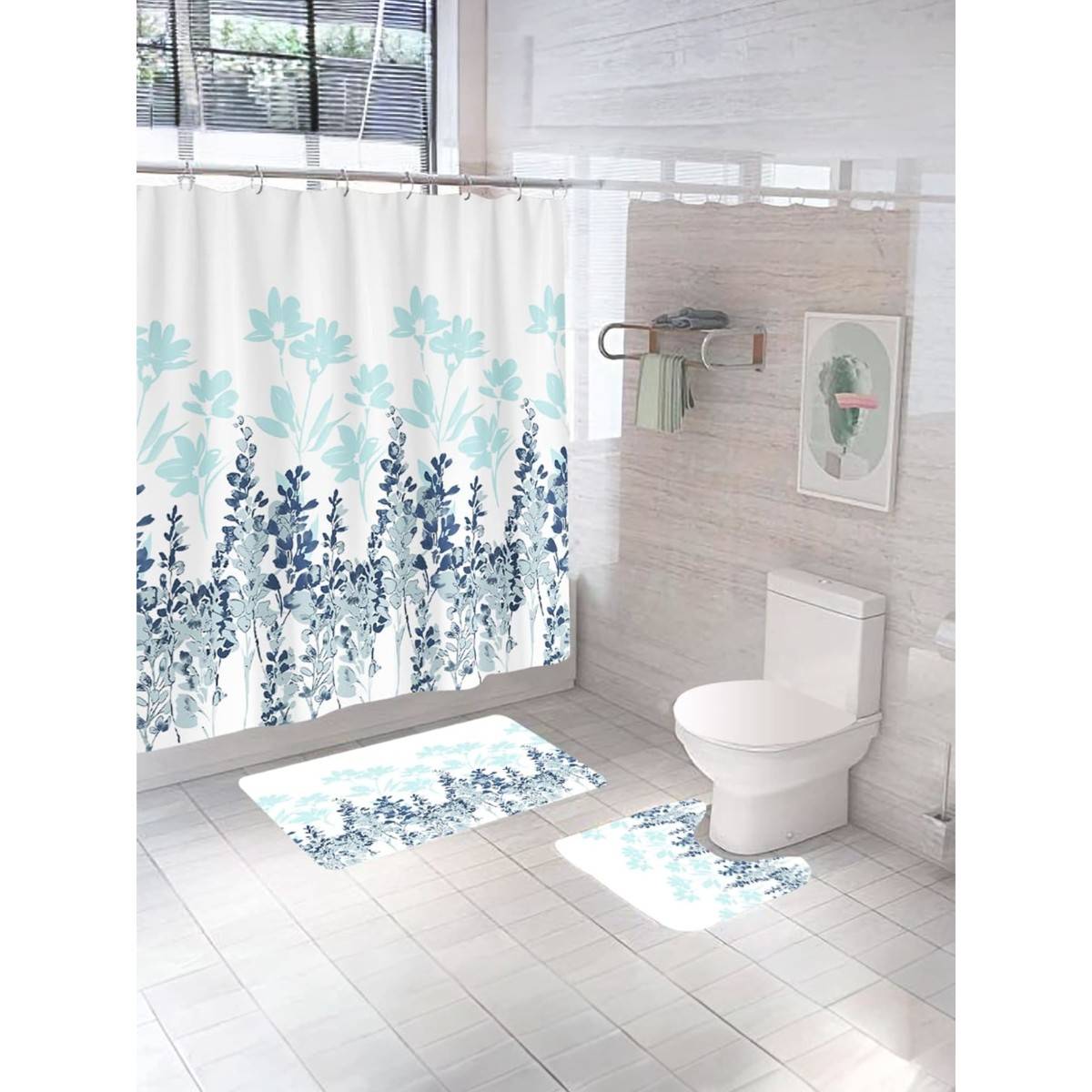 UMAI Floral Curtain Set & Bathmat Blue (Set of 3)