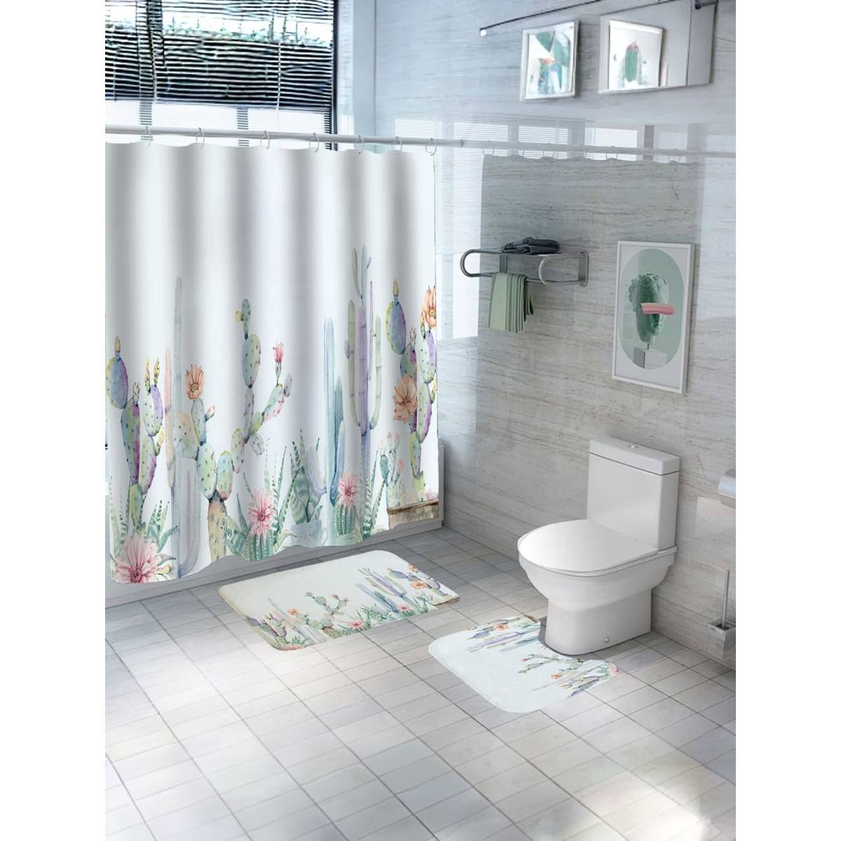 UMAI Floral Curtain Set & Bathmat Multi-Color (Set of 3)
