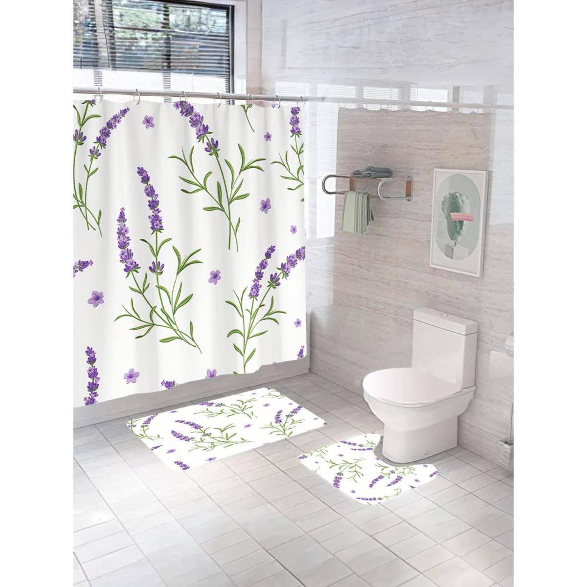 UMAI Nature Curtain Set & Bathmat Purple (Set of 3)