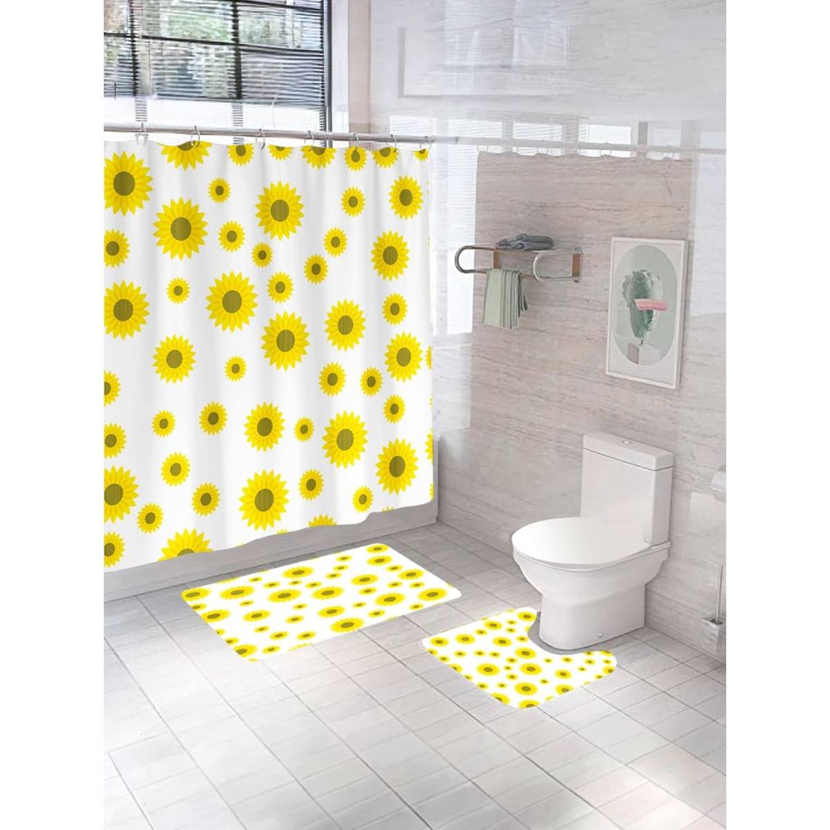 UMAI Floral Curtain Set & Bathmat Yellow (Set of 3)