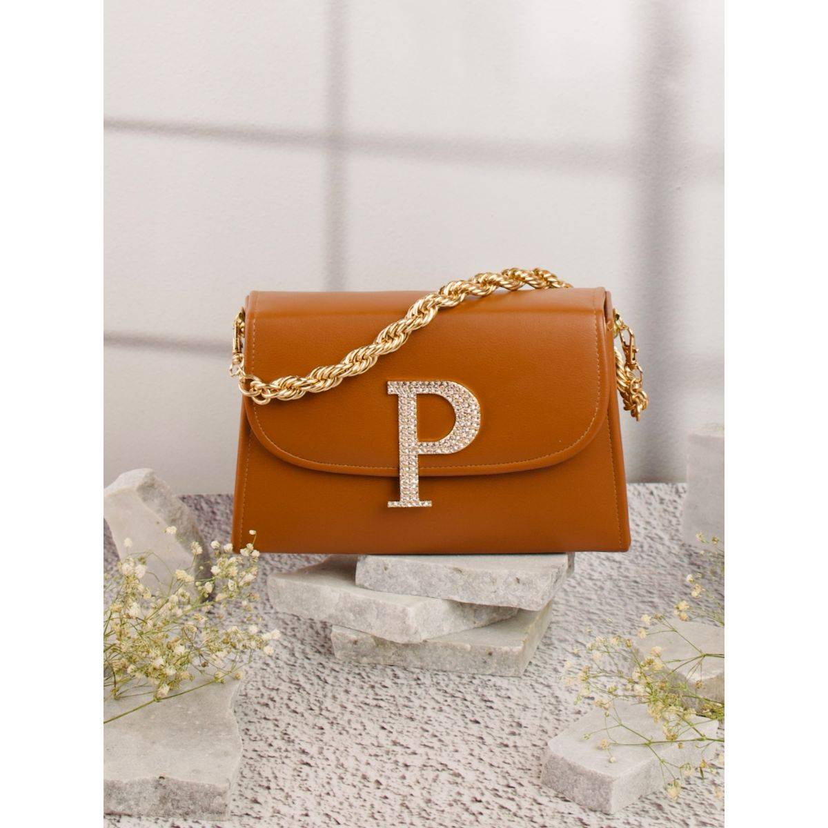 NR BY NIDHI RATHI Tan and Gold-Toned Embellished Box Clutch with Alphabet 'P' With Detachable Chain