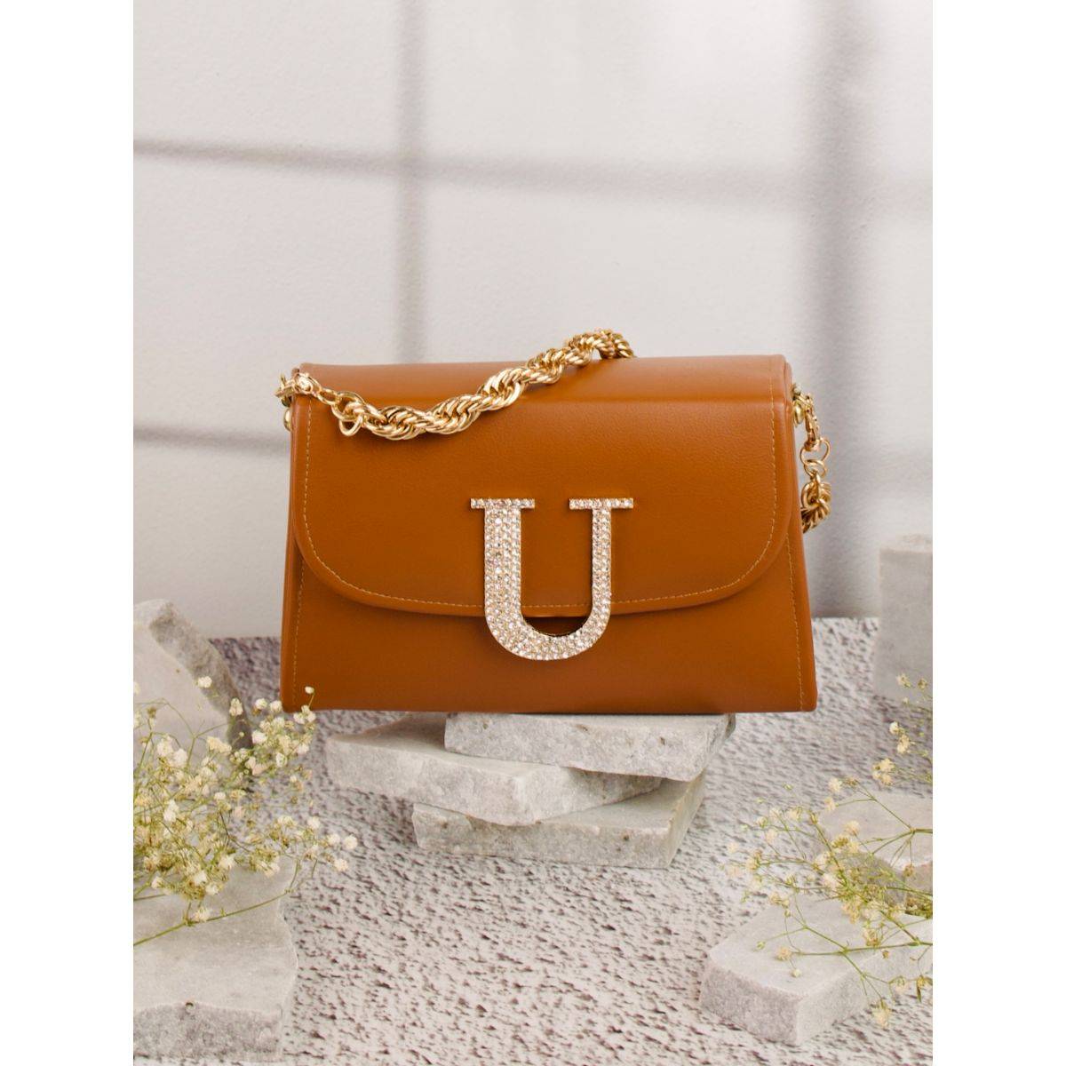 NR BY NIDHI RATHI Tan and Gold-Toned Embellished Box Clutch with Alphabet 'U' With Detachable Chain
