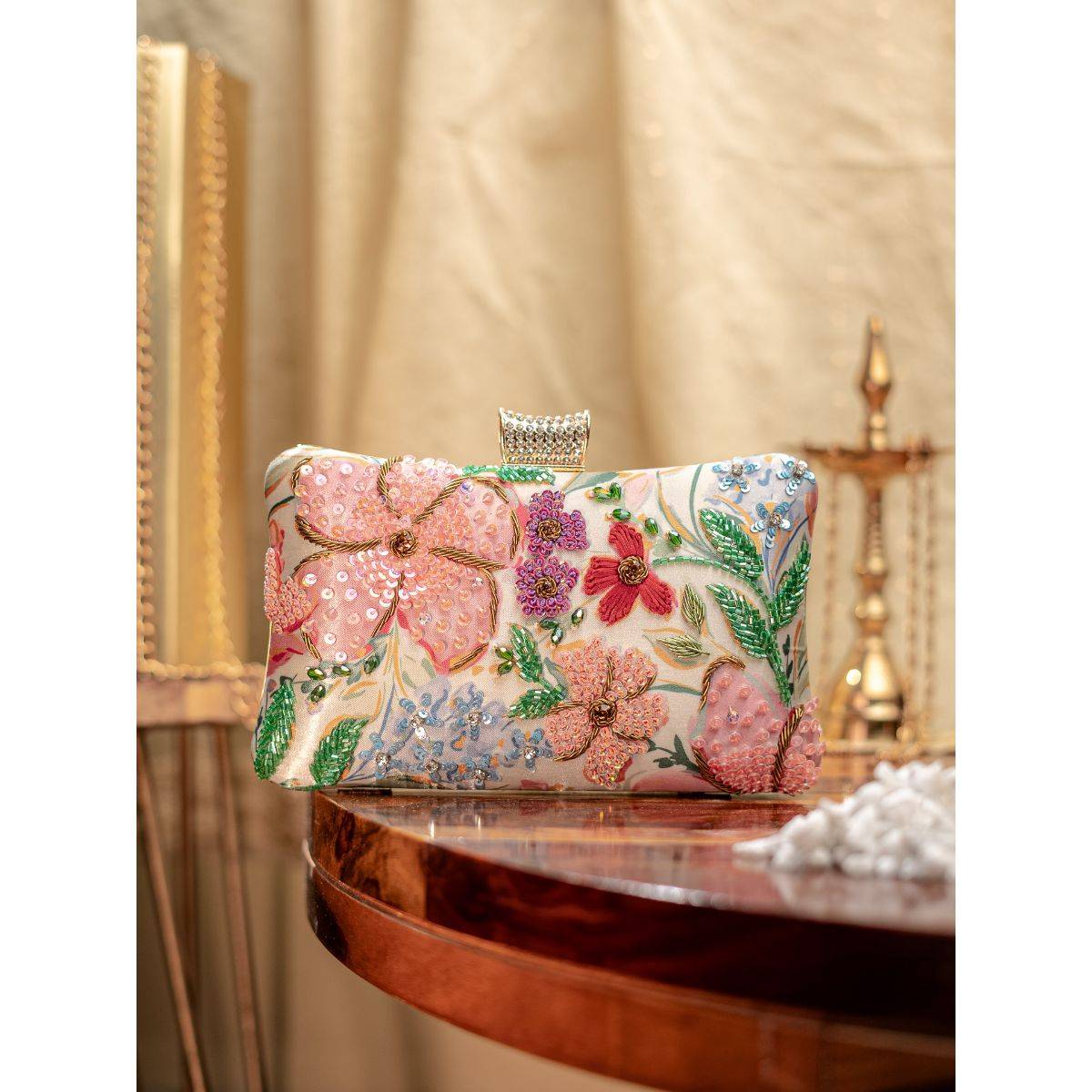 NR BY NIDHI RATHI Womens Pink Floral Print Embellished Box Clutch