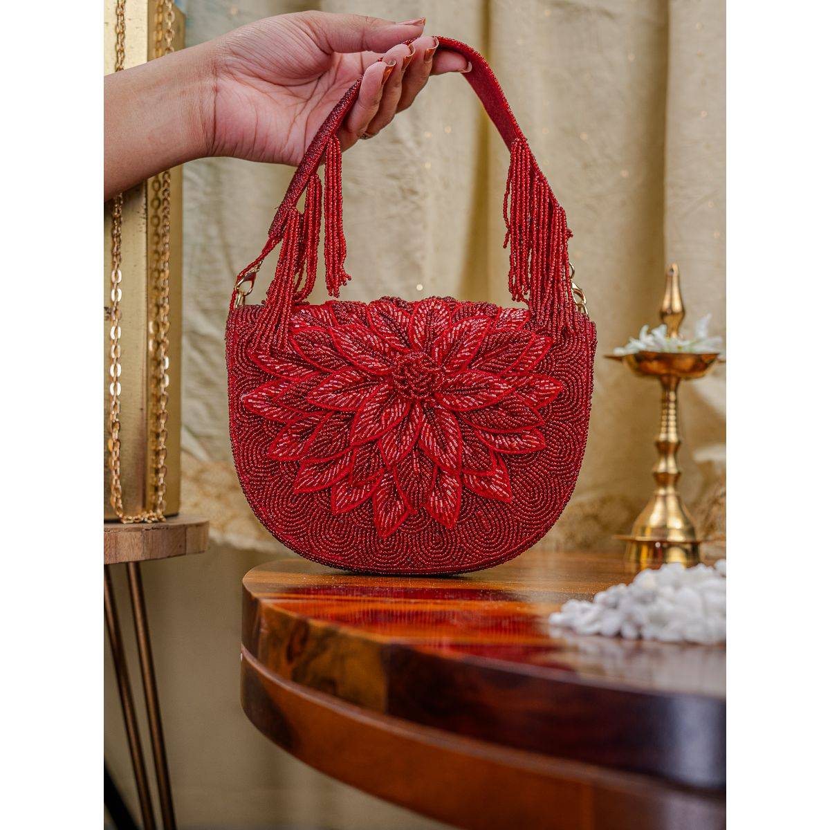 NR BY NIDHI RATHI Womens Maroon Embellished Foldover Clutch
