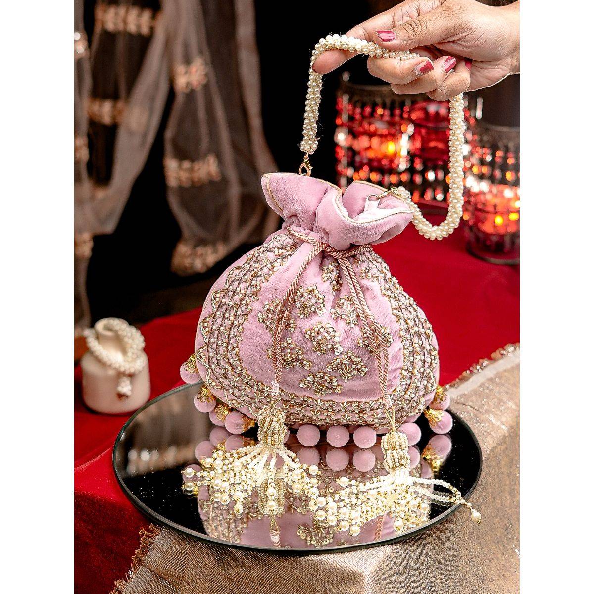 NR BY NIDHI RATHI Pink and Gold Embellished Potli Bag
