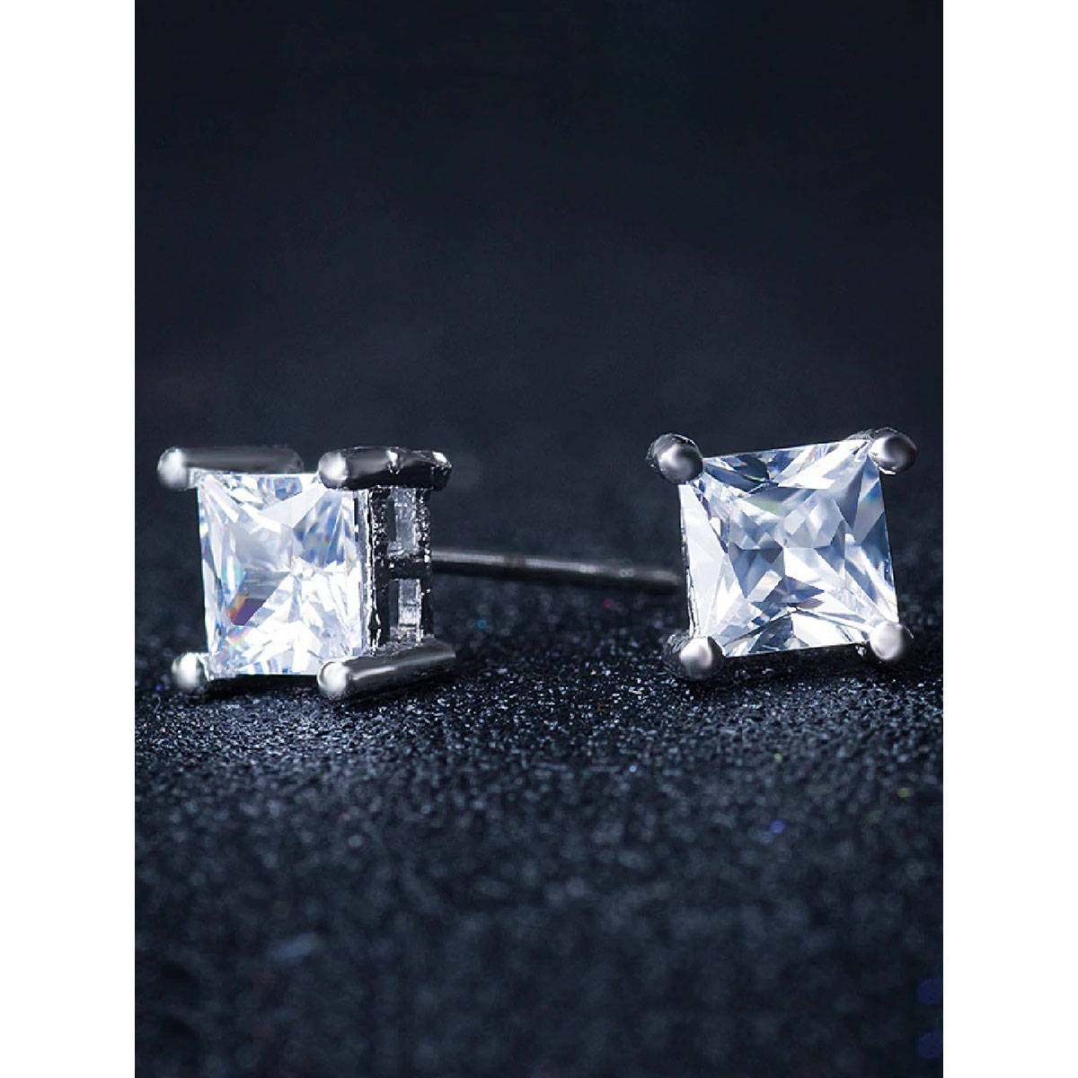 Fabula Silver Tone Small Square Cubic Zirconia Anti Tarnish Ear Stud Earrings