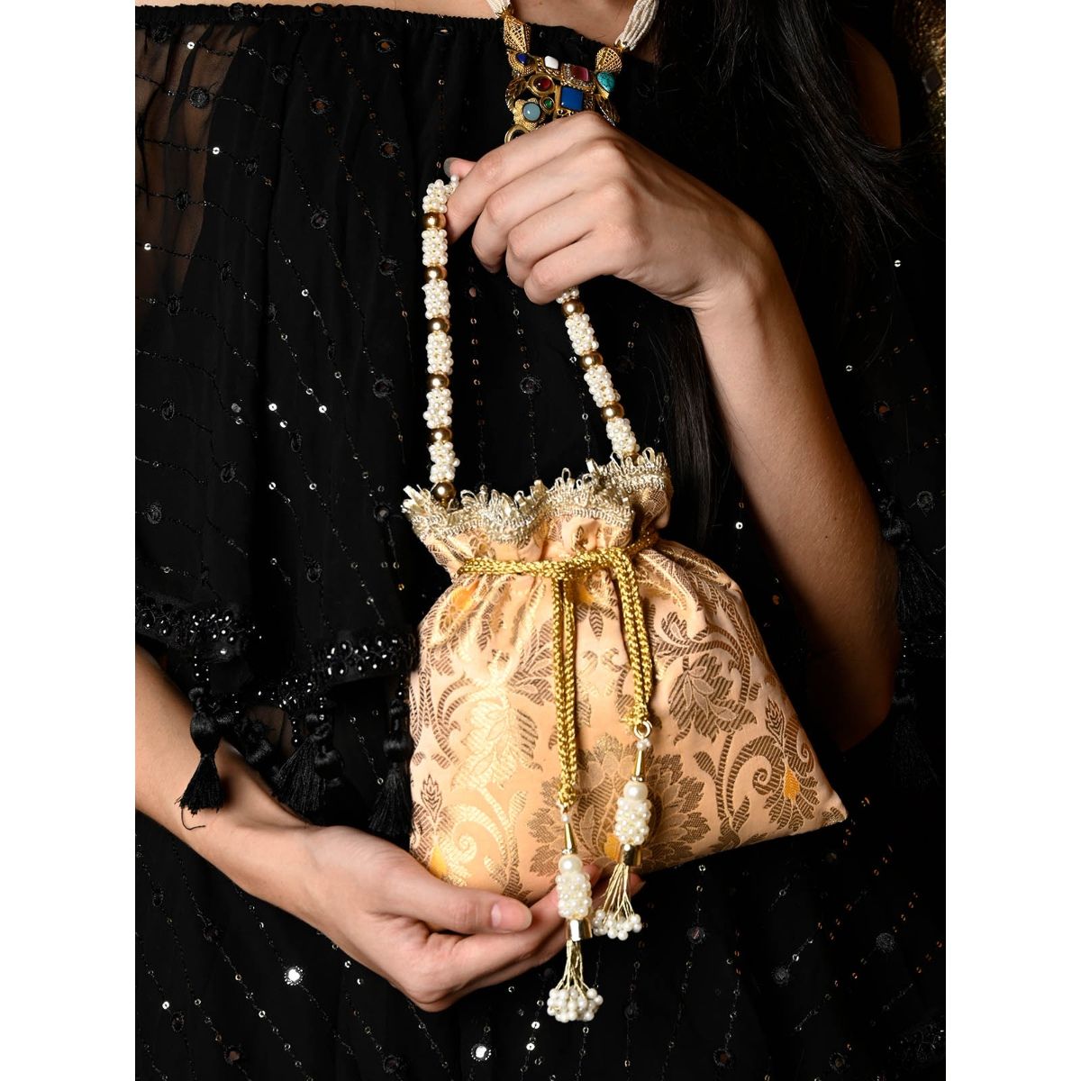 Buy Odette Peach Jacquard Potli Bag with Golden Weaving Online