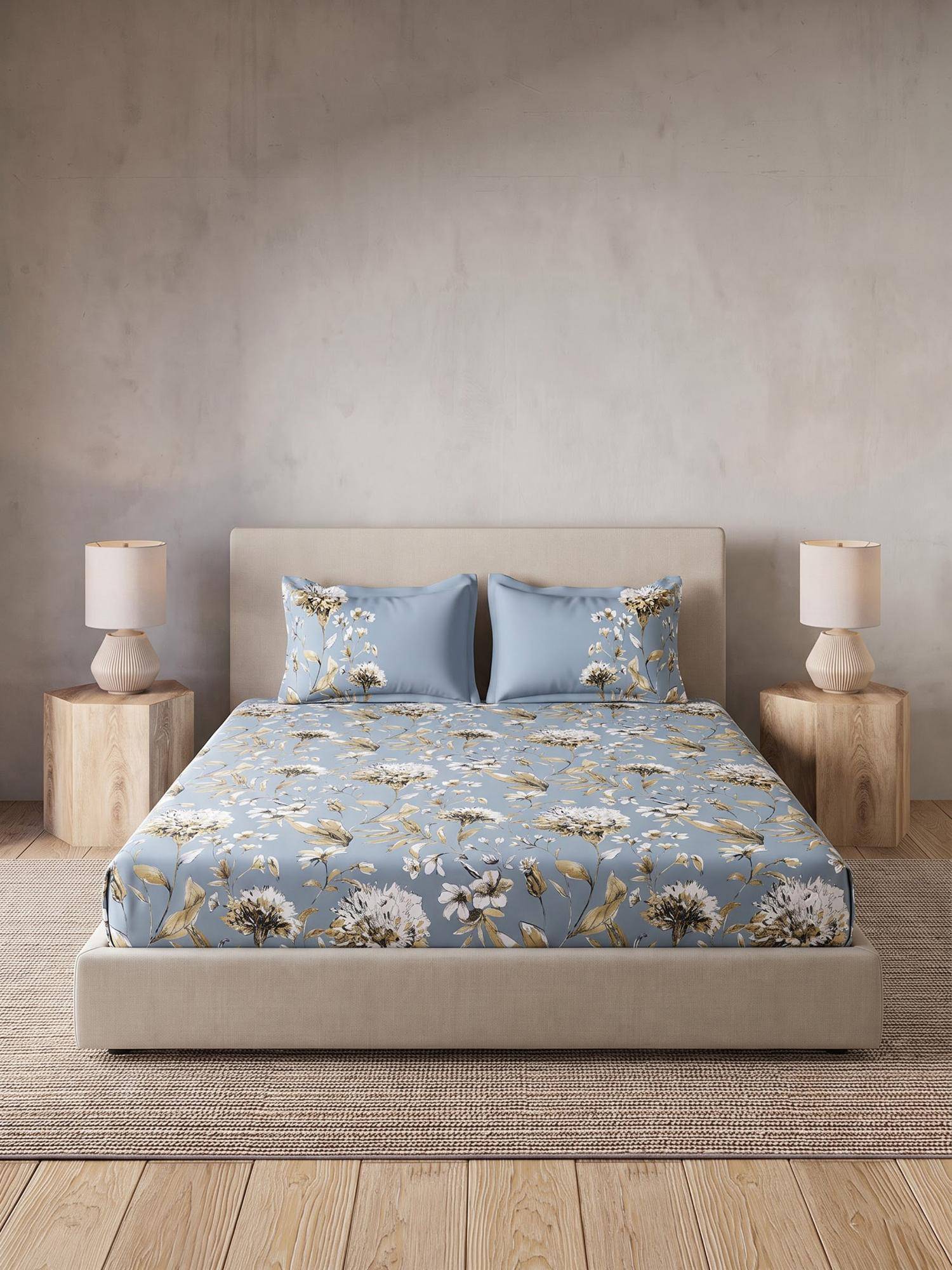 Ddecor Live Beautiful 100% Cotton Floral 145TC King Bedsheet With 2 Pillow Covers - Blue