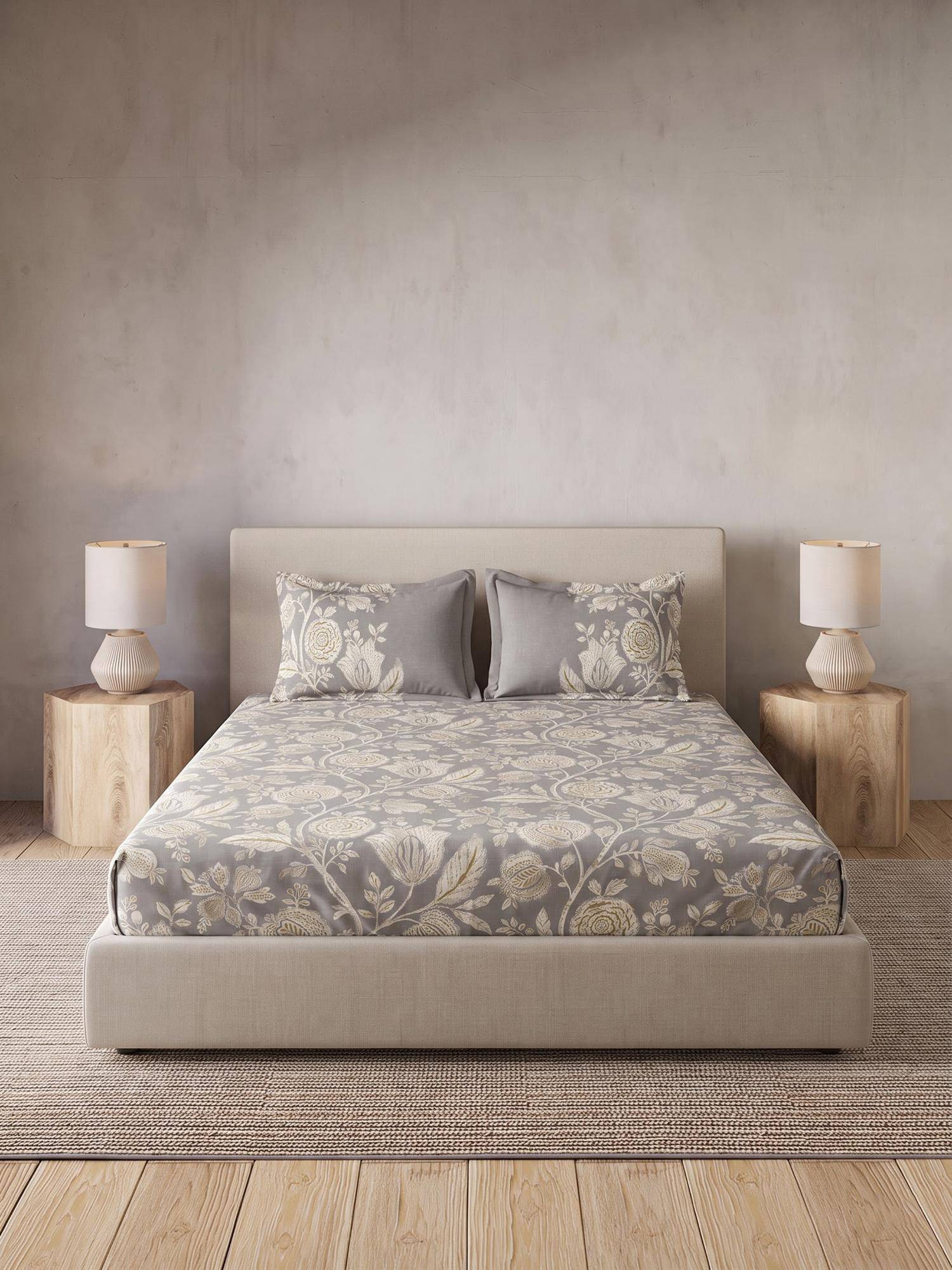 Ddecor Live Beautiful 100% Cotton Floral 145TC King Bedsheet With 2 Pillow Covers - Grey
