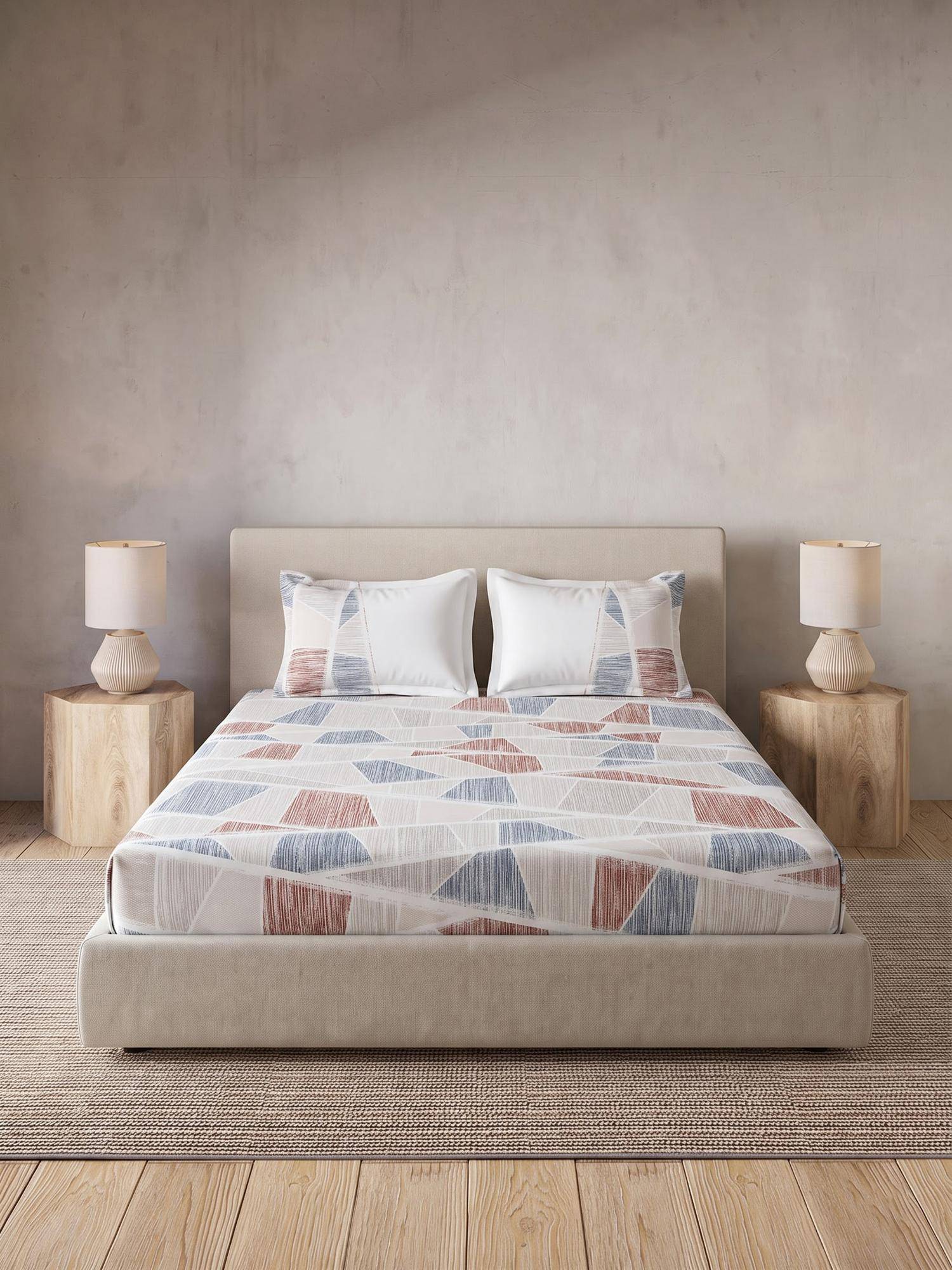 Ddecor Live Beautiful 100% Cotton Geometric 145TC King Bedsheet With 2 Pillow Covers - Blue