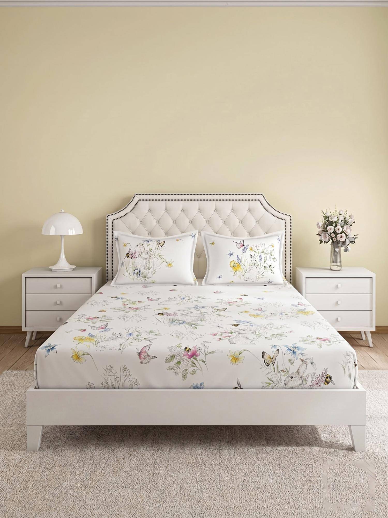 Ddecor Live Beautiful 100% Cotton Graphic 145TC King Bedsheet With 2 Pillow Covers - White