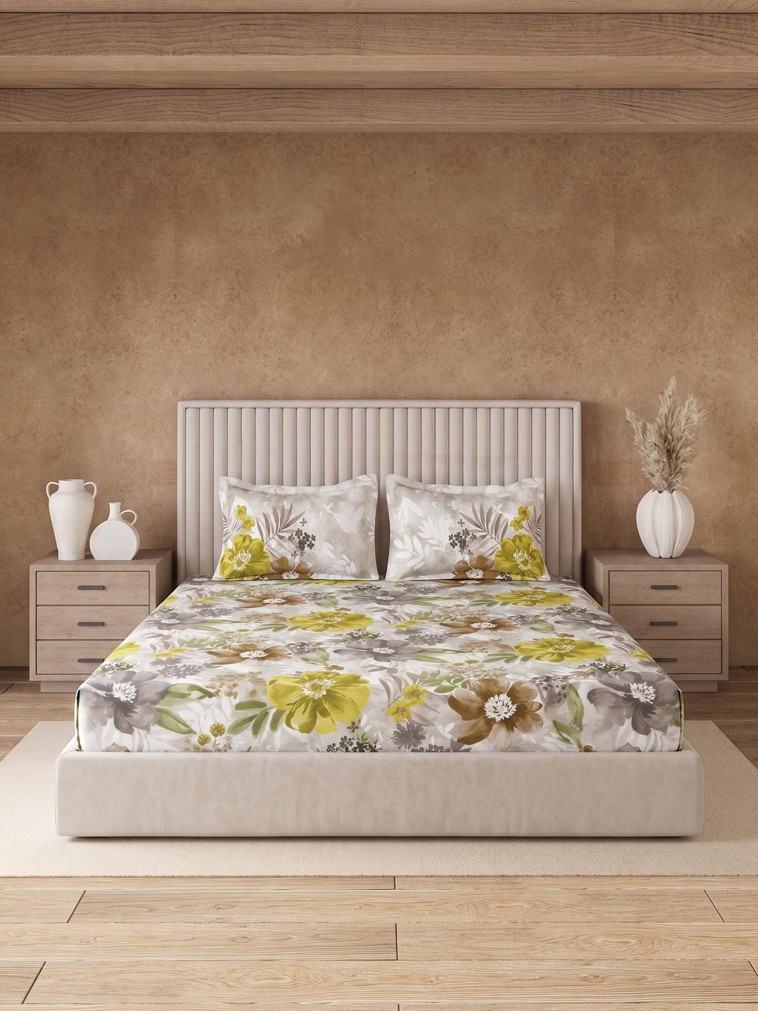 Ddecor Live Beautiful 100% Cotton Floral 145TC Super King Bedsheet With 2 Pillow Covers - Yellow