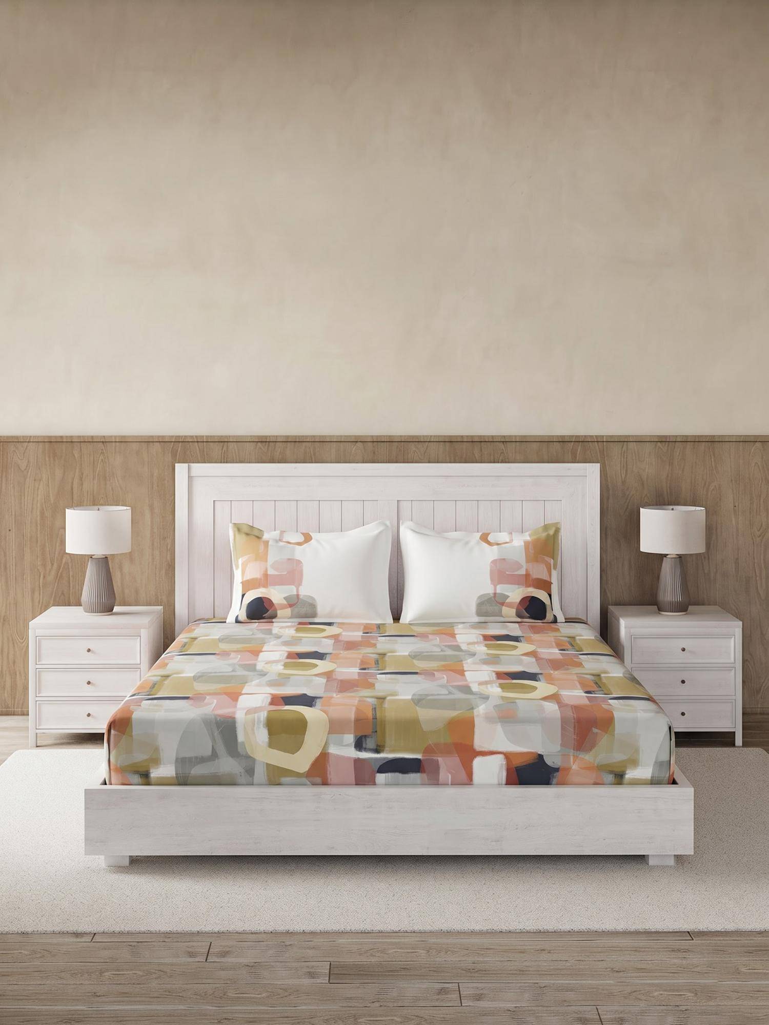 Ddecor Live Beautiful 100% Cotton Abstract 145TC Super King Bedsheet With 2 Pillow Covers - Orange