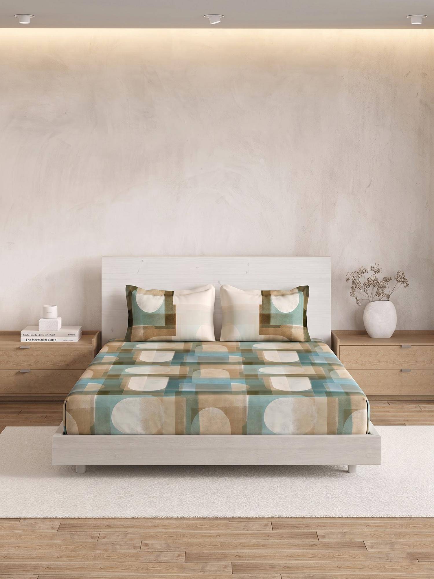 Ddecor Live Beautiful 100% Cotton Geometric 180TC Super King Bedsheet With 2 Pillow Covers - Green